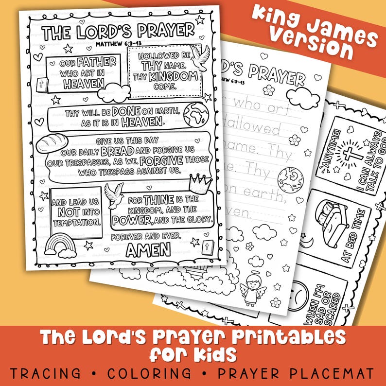 Lord’s Prayer printable activity bundle for kids including tracing worksheets, coloring page, and prayer placemat for Sunday school and homeschool Bible lessons.
