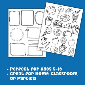 Kids Vision Board 2026 printable cutouts featuring fun doodle frames and food illustrations like ice cream, pizza, fruit, and popcorn. Great New Year activity and goal setting craft for children ages 5 to 10 perfect for home classroom or party use to inspire creativity and goal planning.