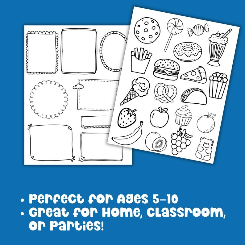 Kids Vision Board 2026 printable cutouts featuring fun doodle frames and food illustrations like ice cream, pizza, fruit, and popcorn. Great New Year activity and goal setting craft for children ages 5 to 10 perfect for home classroom or party use to inspire creativity and goal planning.