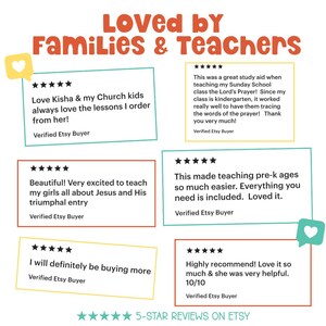 May include: A graphic display featuring the text Loved by Families & Teachers at the top and 5-Star Reviews on Etsy at the bottom. Six individual customer reviews are presented in colorful rectangular boxes, each including five stars and the text Verified Etsy Buyer.