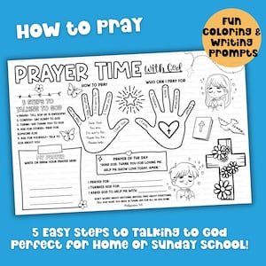 How to pray activity prayer mat showing five steps to talk to God printable bible coloring page for children.