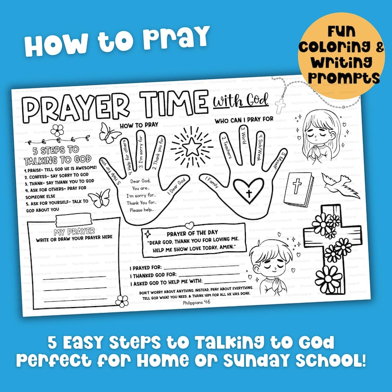 How to pray activity prayer mat showing five steps to talk to God printable bible coloring page for children.