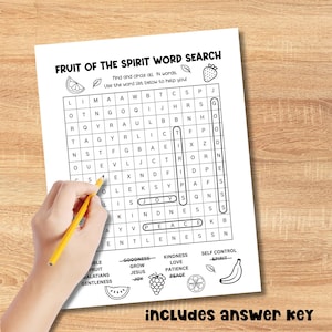Fruit of the Spirit word search printable for kids with 14 Bible-themed words like love, joy, peace, and kindness. Christian activity sheet perfect for Sunday School, Bible lessons, or homeschool. Includes answer key and fun illustrations for coloring.