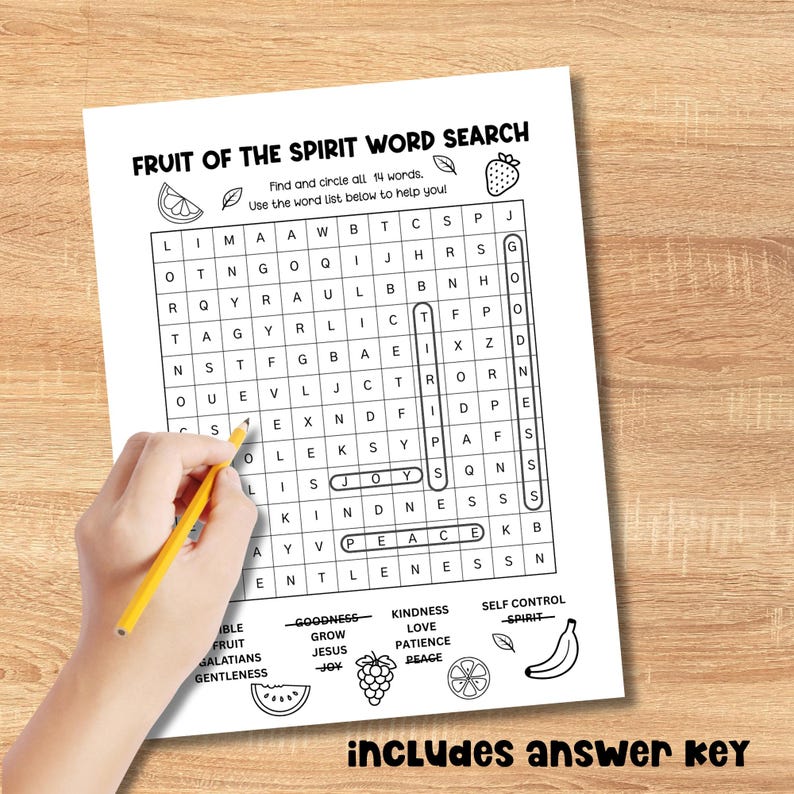 Fruit of the Spirit word search printable for kids with 14 Bible-themed words like love, joy, peace, and kindness. Christian activity sheet perfect for Sunday School, Bible lessons, or homeschool. Includes answer key and fun illustrations for coloring.