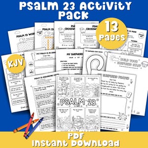 May include: A Psalm 23 activity pack featuring 13 pages of printable worksheets, including crossword puzzles, word searches, sequencing strips, and colouring pages. The set includes three crayons and features text such as KJV and Psalm 23 Activity Pack.