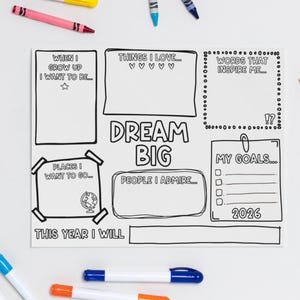 Kids Vision Board 2026 printable Dream Big goal setting template on white background surrounded by crayons and markers. Fun New Year activity sheet for children to write goals, affirmations, and inspirations for creative goal planning and positive thinking.