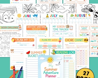 Kid Summer Routine Planner Schedule Weekly Chore Chart Summer Calendar Bucket List Summer Reading Log Activity Printable Screen Time Rules