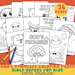 May include: A collection of coloring pages featuring various animals and illustrations, with the text "GOD'S PROMISES" and Bible verses. The pages are designed for kids and include the text "26 Pages" in a yellow circle. The bottom of the image reads "God's Promises Coloring Pages Bible Verses for Kids - DIGITAL DOWNLOAD-".