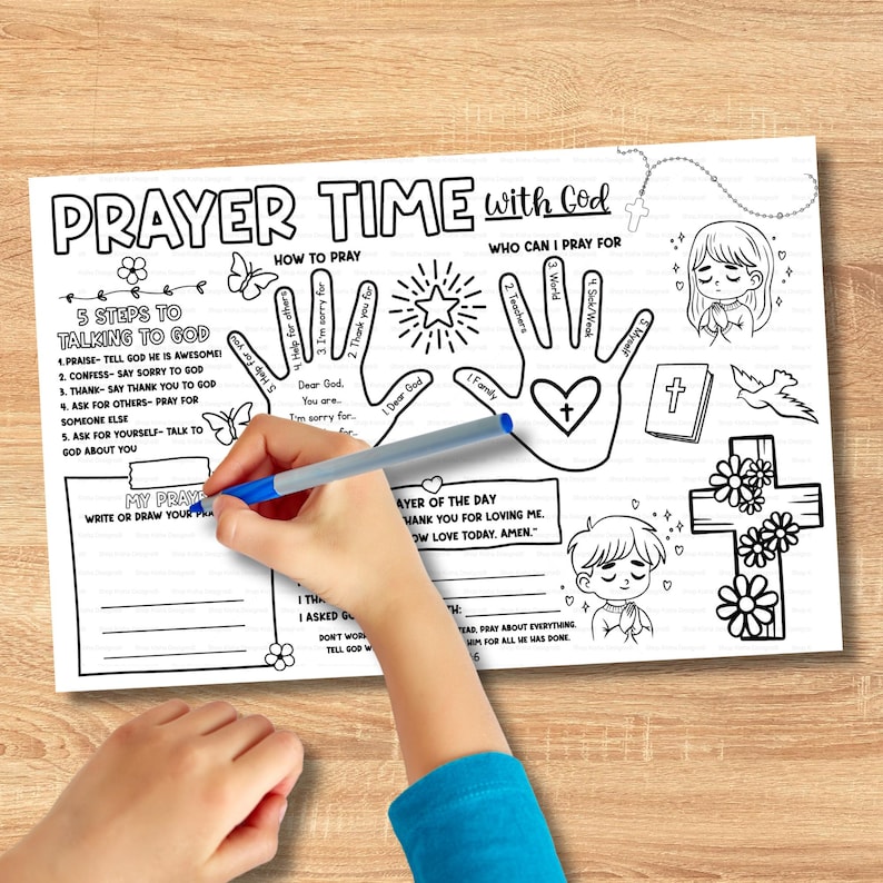 Prayer mat printable with draw and color section learn to pray bible lesson activity for children.