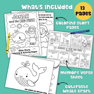 What’s included in Jonah and the Whale Bible activity pack – 13 pages of coloring story sheets, memory verse page, and cut and paste whale craft.