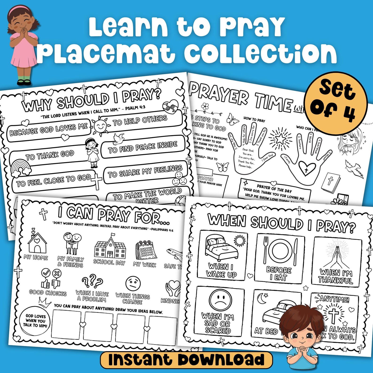 Learn to Pray Activity Placemat Prayer Printable Bible Coloring Page ...