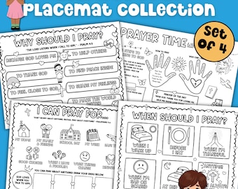 以下が含まれることがあります： 「Learn to Pray Placemat Collection」のテキストが入った、印刷可能な4枚セットのプレースマット。各プレースマットには、白黒のイラストと、「なぜ祈るべきか」や「いつ祈るべきか」など、祈りに関するプロンプトが記載されています。