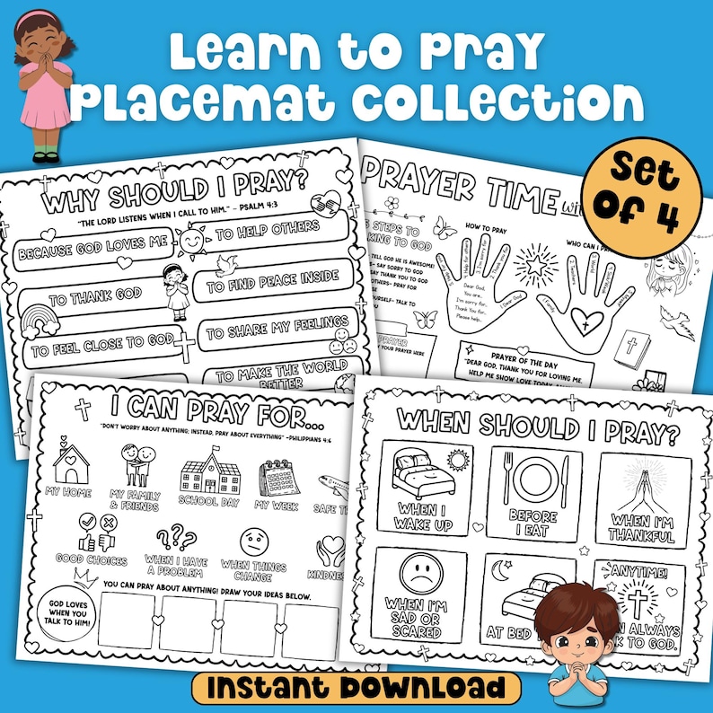 Learn to pray prayer printable collection with four faith based placemats bible coloring pages for kids.