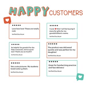 以下が含まれることがあります： ターコイズとオレンジ色の「HAPPY CUSTOMERS」という文字が入ったグラフィック。 下には、製品の品質と迅速な配達を強調する、5つ星評価の顧客レビューが表示されています。 レビューは長方形のボックスに入っています。