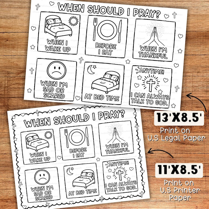 When Should I Pray Christian placemat printable for kids in US letter and legal sizes, faith based activity for teaching prayer at Sunday school or homeschool.