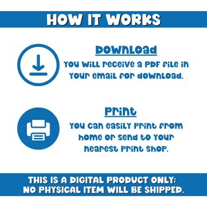 K&ouml;nnte beinhalten: Eine blau-wei&szlig;e Grafik, die erkl&auml;rt, wie ein digitales Produkt funktioniert. Der Text lautet "HOW IT WORKS", "Download", "Print" und "THIS IS A DIGITAL PRODUCT ONLY; NO PHYSICAL ITEM WILL BE SHIPPED."