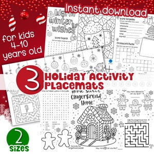 Peut inclure: Ensemble de trois sets de table d'activités de vacances en noir et blanc pour les enfants de 4 à 10 ans. Les sets de table comprennent des jeux de recherche de mots, des labyrinthes et des coloriages sur le thème de la maison en pain d'épices. Le texte "Téléchargement instantané" est visible.