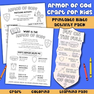 Könnte beinhalten: Ausdruckbares Bibel-Aktivitätspaket für Kinder mit dem Thema Rüstung Gottes. Enthält Zuordnungsaktivitäten, Malvorlagen und eine Lernseite. Die Seiten zeigen Illustrationen von Rüstungsteilen und Text. Buntstifte sind sichtbar.