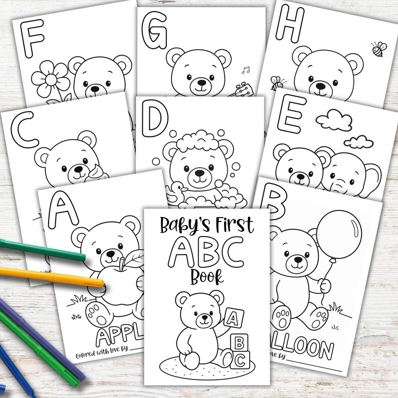 Teddy Bear theme Baby Shower ABC Coloring Book for Guest to Color