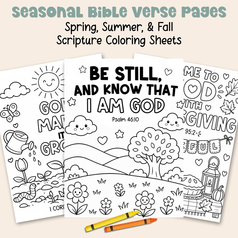 Seasonal Bible verse coloring pages for Spring, Summer, and Fall with scripture coloring sheets, printable Christian activities, and kid-friendly Bible coloring pages.