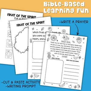 Bible-based Fruit of the Spirit printable activities for kids featuring a cut and paste craft, writing prompt, and prayer worksheet. Perfect for Sunday School, Christian homeschool, or VBS, this fun and engaging PDF helps children reflect on Galatians 5:22–23 and grow in love, joy, peace, and more.