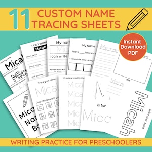 May include: A set of 11 printable tracing worksheets for preschoolers featuring the name Micah. The worksheets include tracing the name, coloring the letters, and writing practice. The worksheets are black and white and have a simple design.