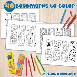 以下が含まれることがあります： 様々なデザインが施された、塗り絵用の印刷可能なブックマークのコレクション。宇宙、動物、幾何学模様など。画像にはカラーマーカーと「40 Bookmarks to Color」と「Instant Download」の文字が含まれています。