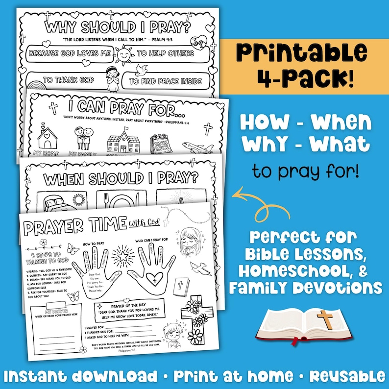 Prayer printable learn to pray set four bible lesson coloring pages faith based download for kids.