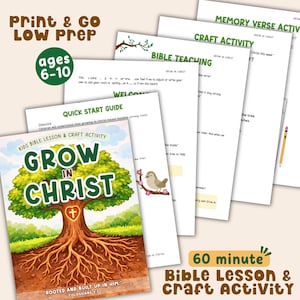 Könnte beinhalten: Ein Set ausdruckbarer Bibelstunden- und Bastelaktivitätsblätter für Kinder im Alter von 6-10 Jahren. Das Cover zeigt einen Baum mit den Worten "Grow in Christ". Zusätzliche Blätter enthalten eine Schnellstartanleitung, Bastelaktivitäten und Bibelunterricht.