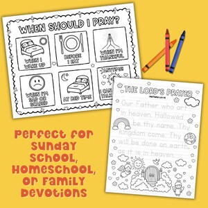 Christian prayer activity worksheets for kids including When Should I Pray placemat and Lord’s Prayer tracing page, printable for Sunday school homeschool or family devotion.