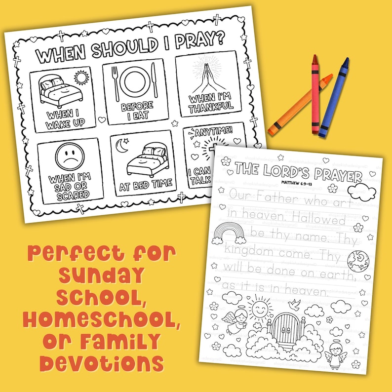 Christian prayer activity worksheets for kids including When Should I Pray placemat and Lord’s Prayer tracing page, printable for Sunday school homeschool or family devotion.