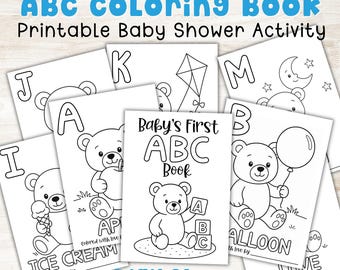 Målarbok för babyshower med ABC | Nallebjörnstema för babyshower | Utskrivbar babyshower med första minne | Present till nyfödd baby | Idé för babyshower
