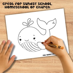 Child coloring Jonah and the Whale Bible craft printable, fun Sunday school activity with cut and paste whale template.