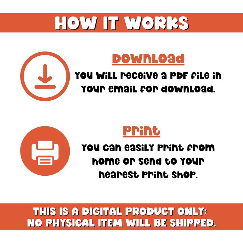 May include: An orange and white graphic explaining how a digital product works. The text reads "How It Works", "Download", "Print", and "This is a digital product only; no physical item will be shipped."