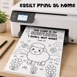 Printable Bible verse coloring page coming out of a home printer, easy print and go kids Bible printable for Sunday School color pages, VBS printable, and Christian quiet activities.