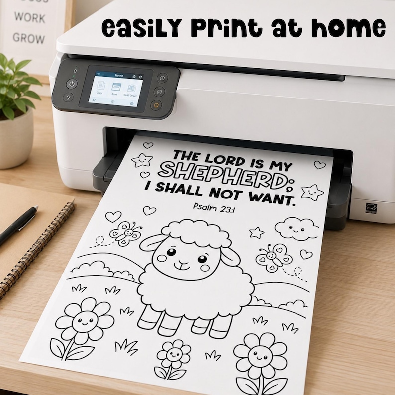 Printable Bible verse coloring page coming out of a home printer, easy print and go kids Bible printable for Sunday School color pages, VBS printable, and Christian quiet activities.