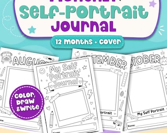 Printable Self Portrait Worksheets Monthly Journals Early Elementary Progress Book Name Writing Student Portfolio Homeschool Resource