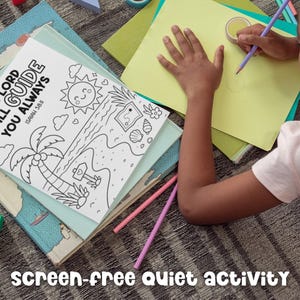 Screen free quiet activity for kids with printable Bible verse coloring page, summer scripture coloring worksheet, Christian coloring activity for home, homeschool, or children’s ministry.