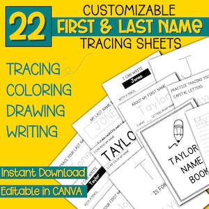 Pode incluir: Um conjunto de 22 folhas de trabalho imprimíveis para traçar, colorir, desenhar e escrever nomes e sobrenomes. As folhas de trabalho apresentam as palavras "Trace Your Last Name", "My Last Name", "About My First Name", "I Can Write", "I Have Letters In My Name", "Practice Tracing You Capital Letters", "Is For", e "Taylor Name Book".