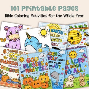 101 printable Bible coloring pages shown with colorful completed examples, featuring year-round Christian coloring activities, seasonal scripture pages, and faith based coloring for kids.