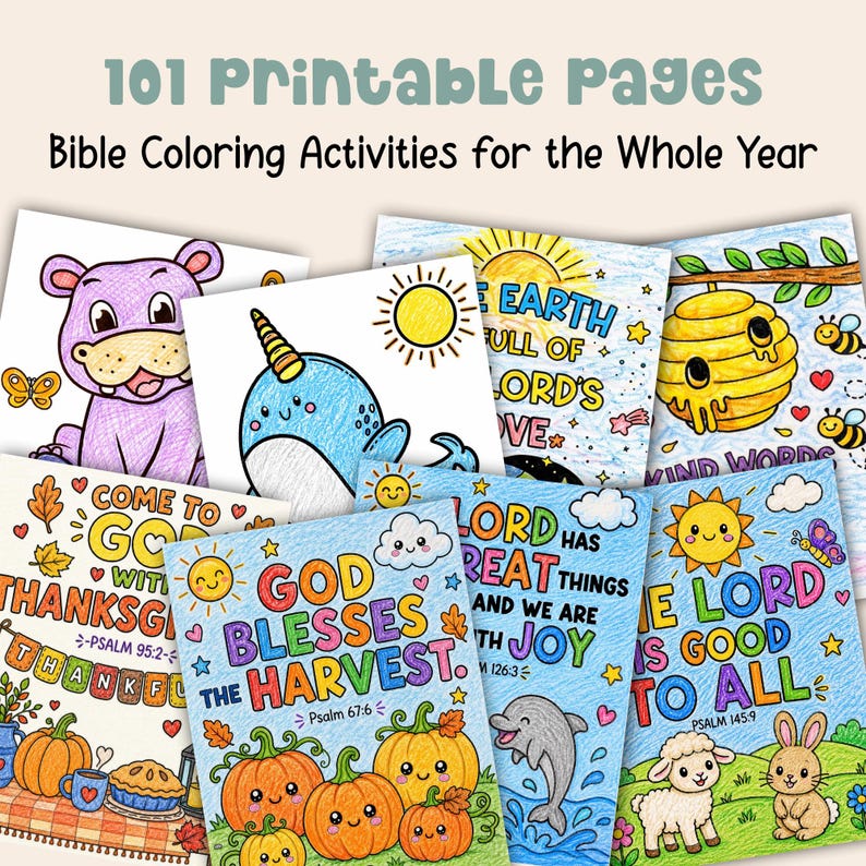 101 printable Bible coloring pages shown with colorful completed examples, featuring year-round Christian coloring activities, seasonal scripture pages, and faith based coloring for kids.
