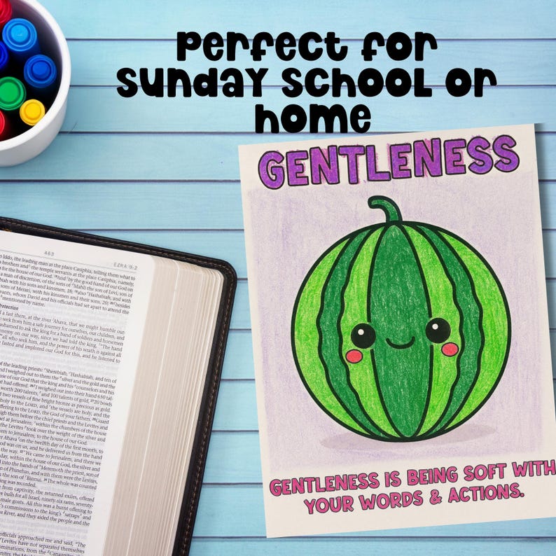Fruit of the Spirit gentleness coloring page for kids, perfect for Sunday School or Christian homeschool lessons. Bible verse activity with a cute kawaii-style watermelon design and faith-based character trait message. Great for teaching Galatians 5:22–23.