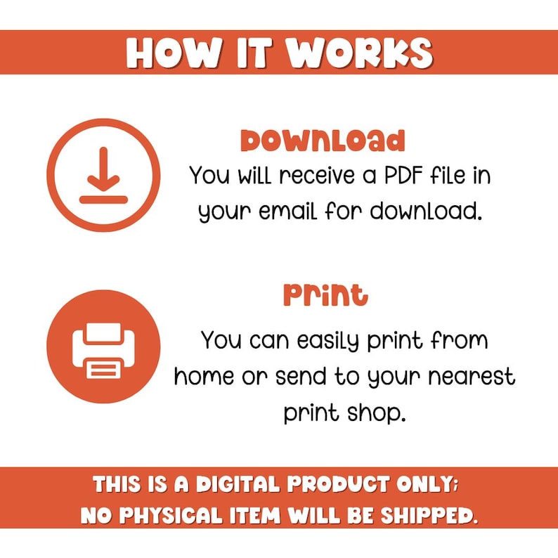 May include: A digital download instruction graphic with orange and white text. The graphic explains how to download and print a digital product. The text reads "How It Works", "Download", "You will receive a PDF file in your email for download.", "Print", "You can easily print from home or send to your nearest print shop.", "This is a digital product only; No physical item will be shipped."