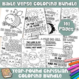 Bible verse coloring bundle for kids with 101 printable pages, year-round Christian coloring pages, scripture coloring sheets, and Bible verse activities for Sunday School, homeschool, and children’s ministry.