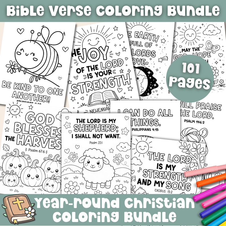 Bible verse coloring bundle for kids with 101 printable pages, year-round Christian coloring pages, scripture coloring sheets, and Bible verse activities for Sunday School, homeschool, and children’s ministry.