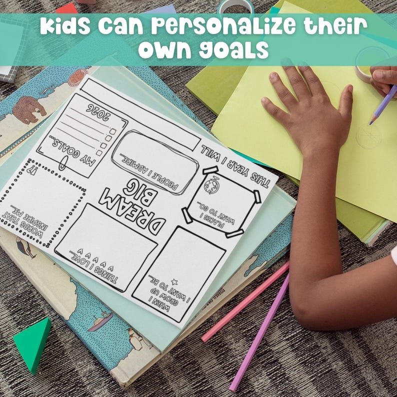 Child working on a Kids Vision Board 2026 printable Dream Big goal setting template with crayons and paper on a table. Fun New Year activity for children to personalize their own goals, affirmations, and dreams using this creative vision board and goal planning worksheet.