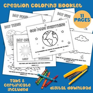 May include: A Creation Coloring Booklet with 11 pages. The pages feature line drawings of the creation story, with text from Genesis. Crayons and a stapler are included. The words "Tabs & certificate included" and "digital download" are also visible.