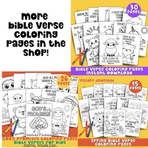 K&ouml;nnte beinhalten: Eine Sammlung von Malvorlagen mit Bibelversen f&uuml;r Kinder, die verschiedene Themen und Designs aufweisen. Das Bild enth&auml;lt den Text "more bible verse coloring pages in the shop!" und "Bible Verse Coloring Pages Instant Download". Als digitaler Download verf&uuml;gbar.