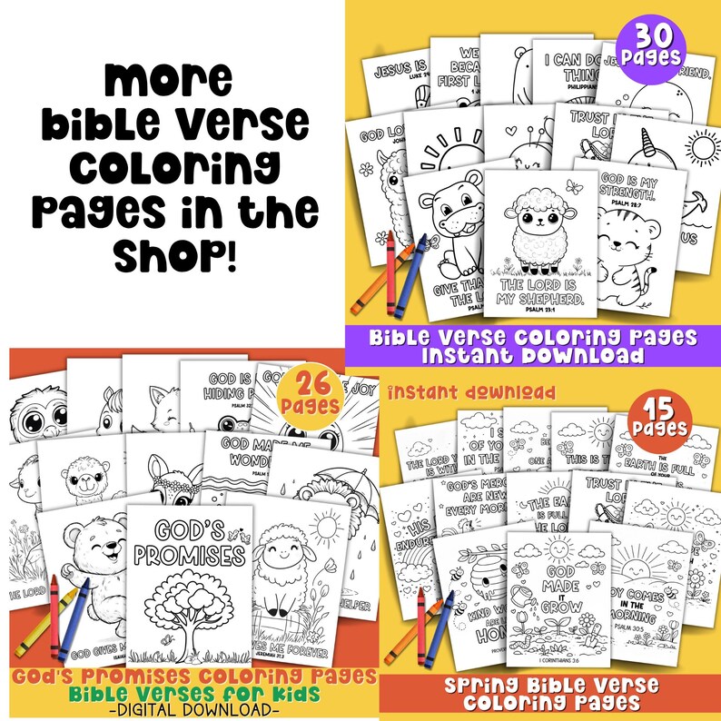 K&ouml;nnte beinhalten: Eine Sammlung von Malvorlagen mit Bibelversen f&uuml;r Kinder, die verschiedene Themen und Designs aufweisen. Das Bild enth&auml;lt den Text "more bible verse coloring pages in the shop!" und "Bible Verse Coloring Pages Instant Download". Als digitaler Download verf&uuml;gbar.