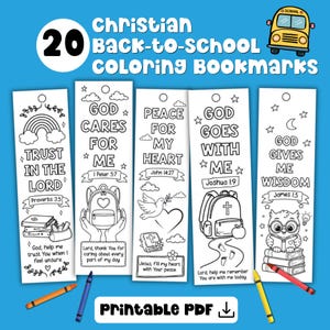 May include: A set of 20 Christian back-to-school coloring bookmarks featuring black and white line art designs with religious text, including a rainbow, backpack, dove, and owl, displayed on a blue background with four colored crayons.